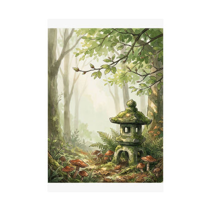 Spring Stone Lantern Mushroom Illustration Wall Art Print | Earthy Decor