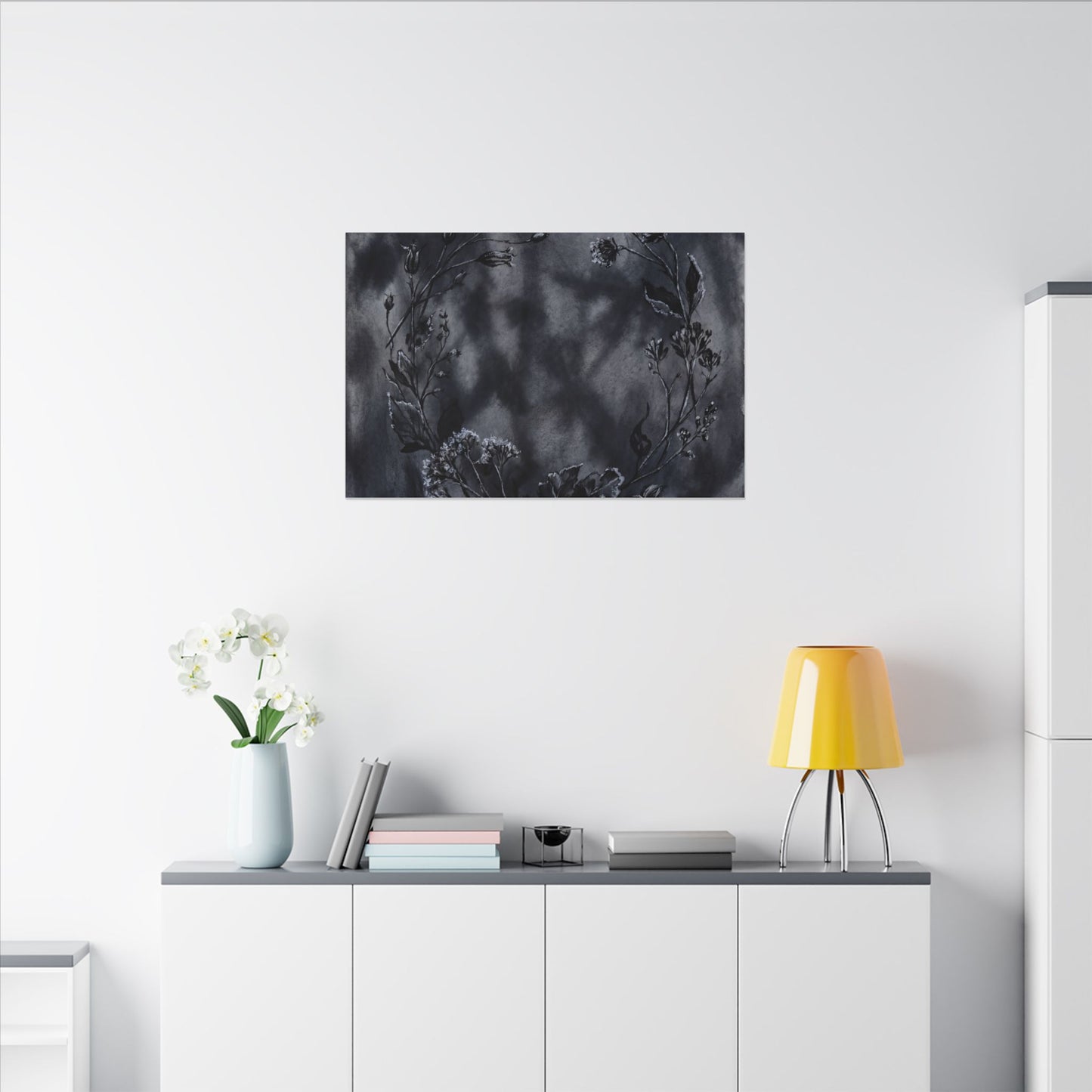 Dried Flowers Canvas Art | Winter Dark Japandi Shadow Zen Art