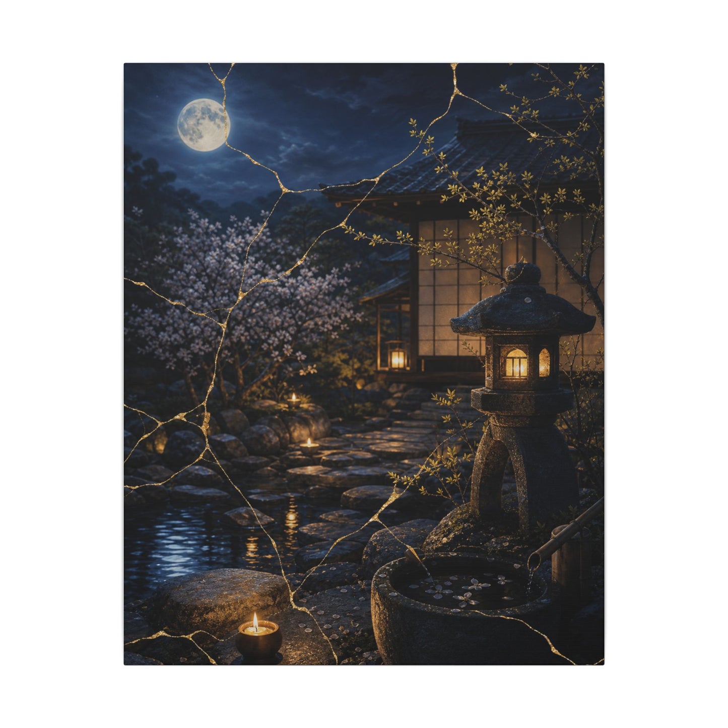 Seijaku Moonlit Garden Canvas Art - Kintsugi Gold Vein