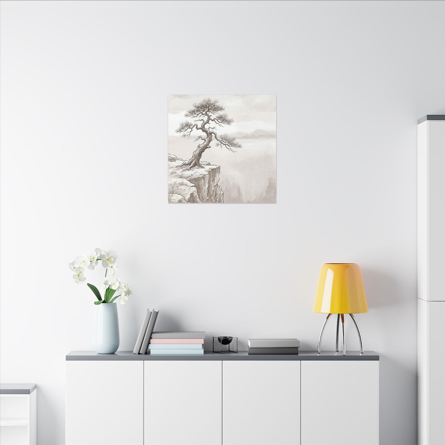 Neutral Pine Tree Canvas Art - Minimal Line Japandi