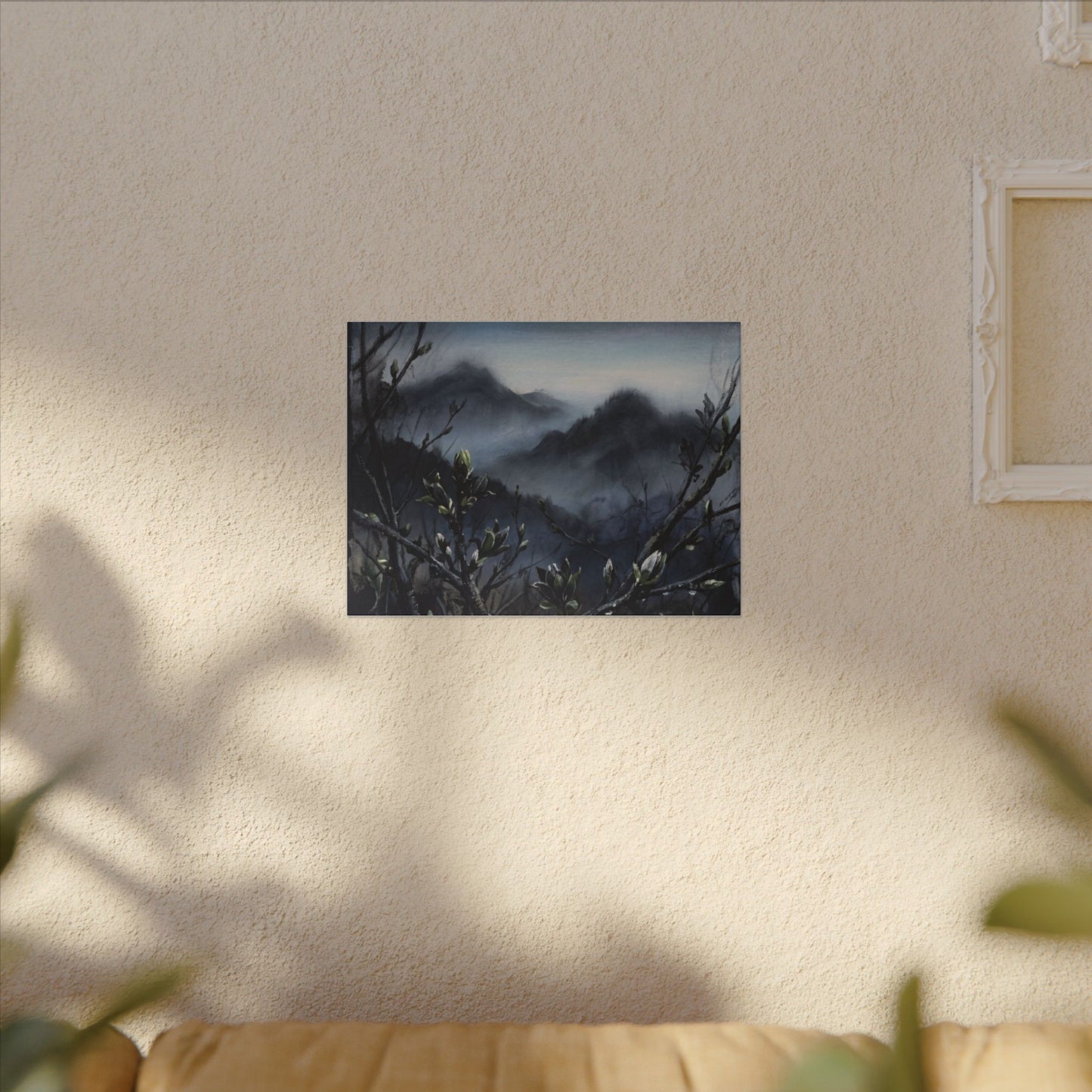Mountain Mist Spring Canvas Art | Dark Japandi Atmospheric Design