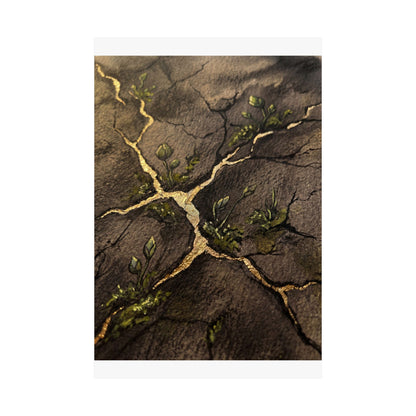 Fukinsei Cracked Earth Wall Art Print - Dark Japandi Charcoal Ink