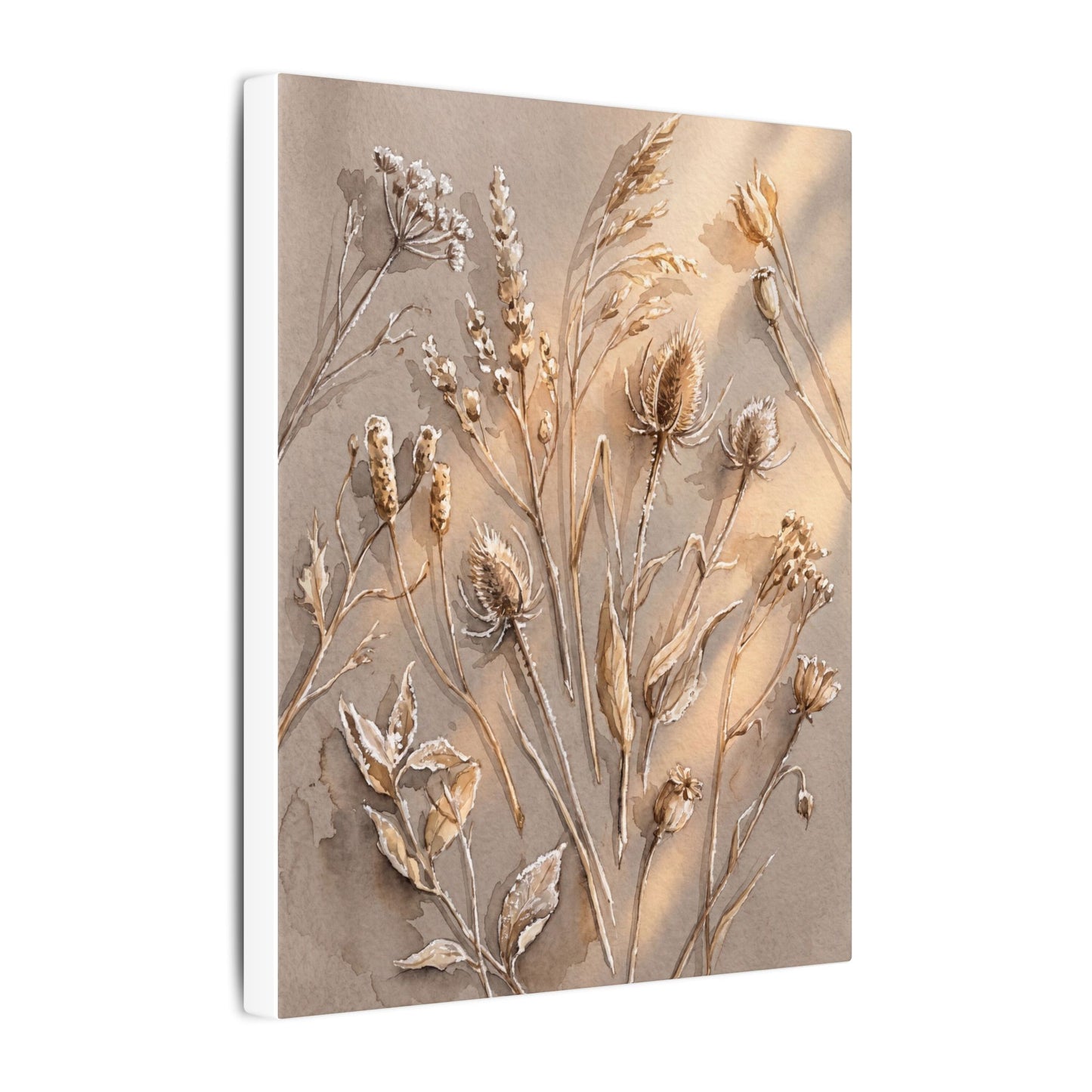 Japandi Dried Flowers in Golden Hour | Watercolor Canvas Art