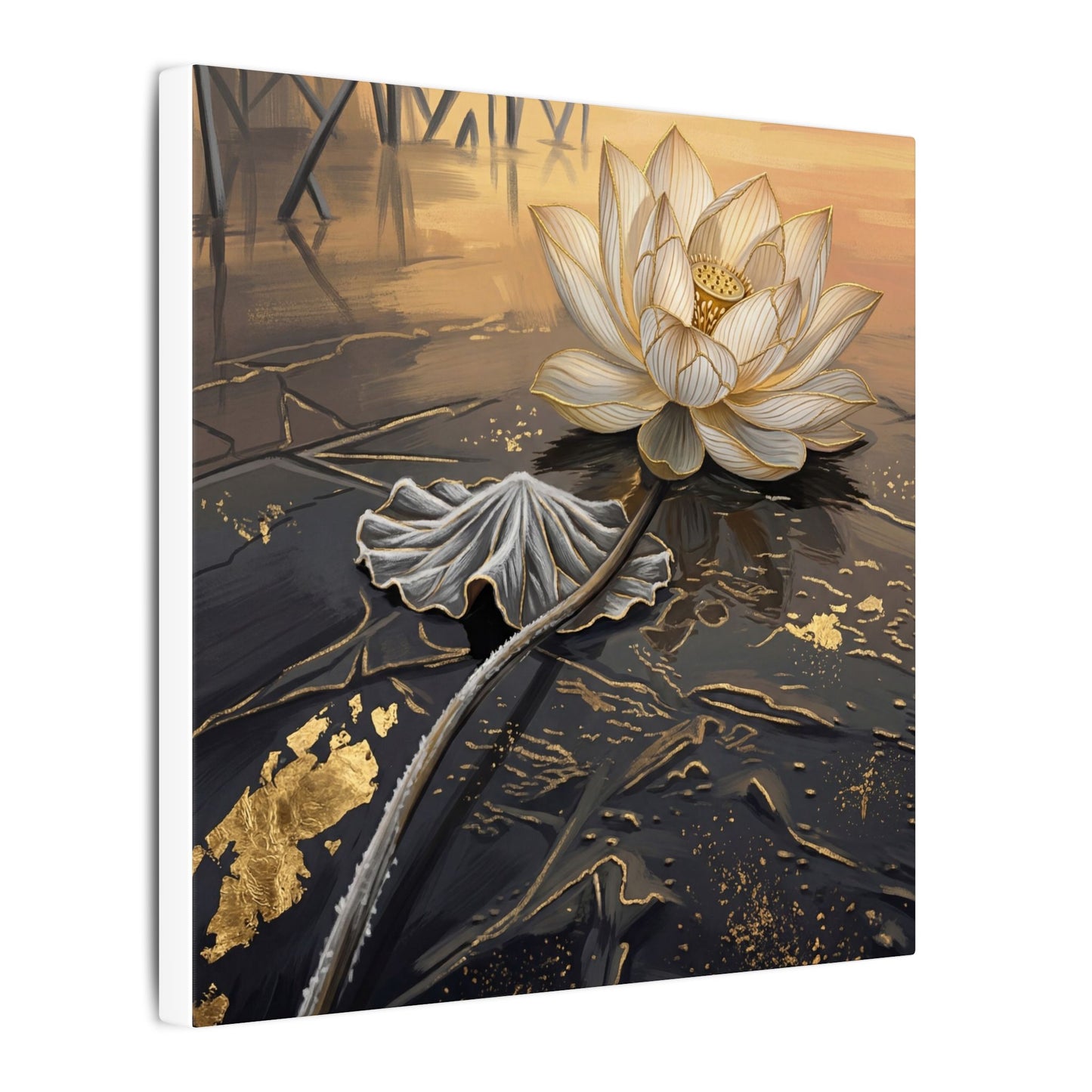 Kintsugi Lotus Flower in Golden Hour | Gold Vein Canvas Art