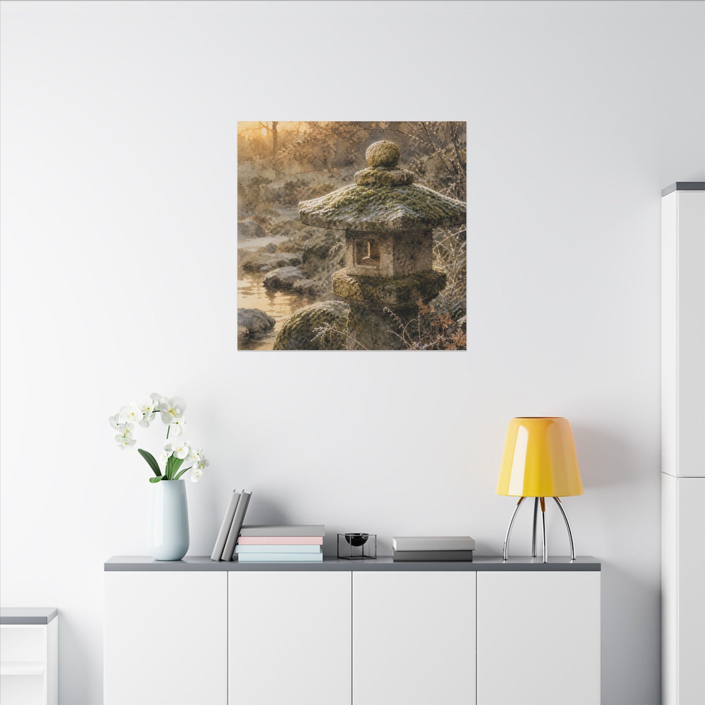 Winter Stone Lantern Watercolor Canvas Art | Earthy Decor