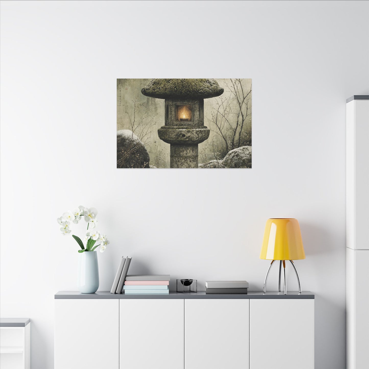 Stone Lantern Winter Canvas Art | Japandi Neutral Design