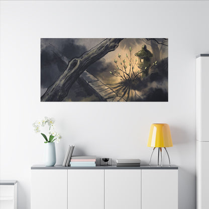 Dark Japandi Moonlit Garden in Golden Hour | Charcoal Ink Canvas Art