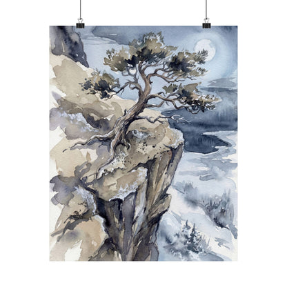 Japandi Pine Tree in Moonlight | Watercolor Wall Art Print Art Print