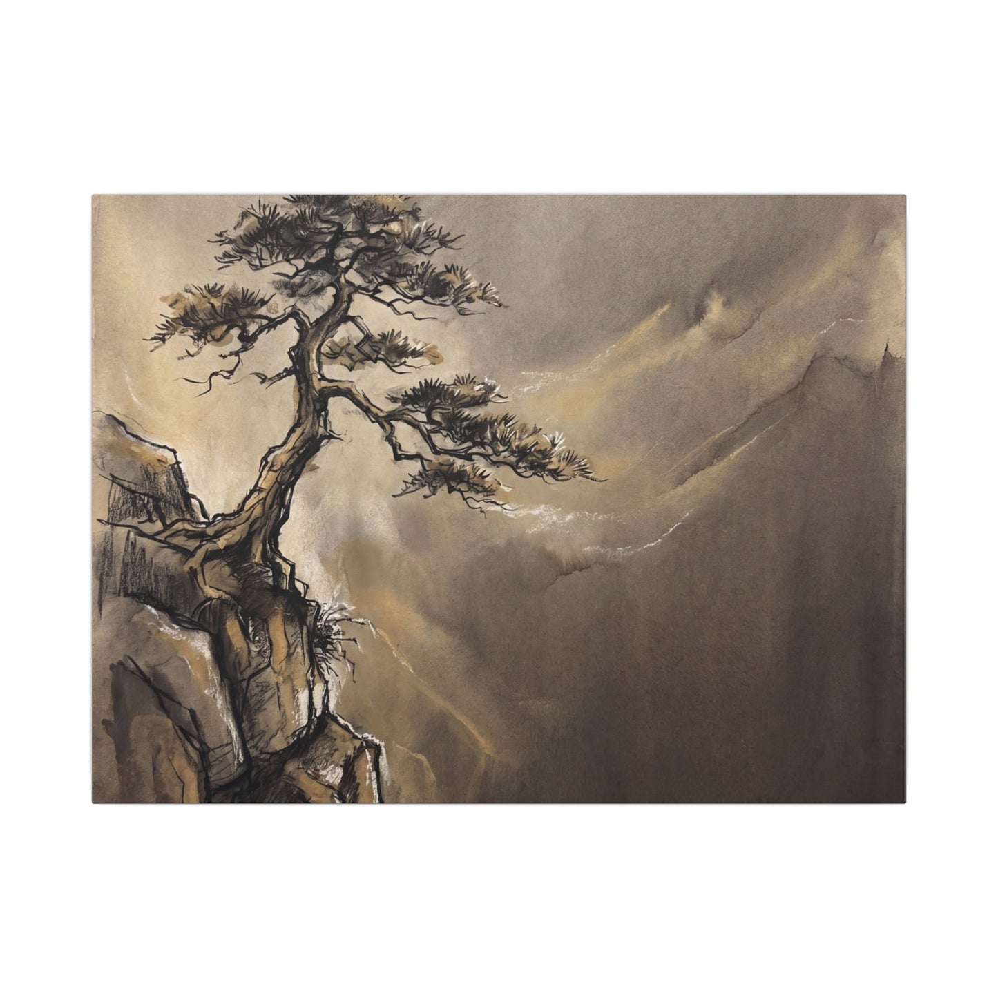 Pine Tree Charcoal Ink Canvas Art | Luxurious Dark Japandi Art Art Print