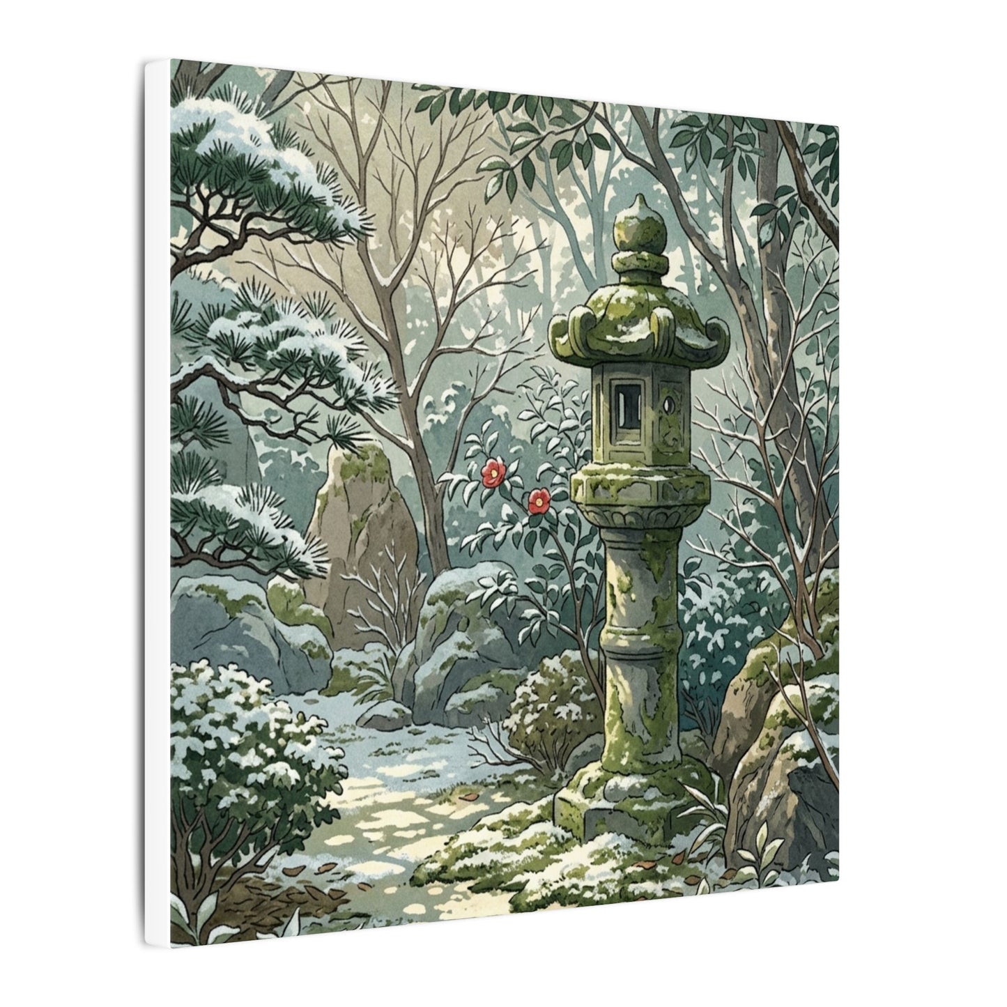 Stone Lantern Winter Canvas Art | Japandi Warm Design