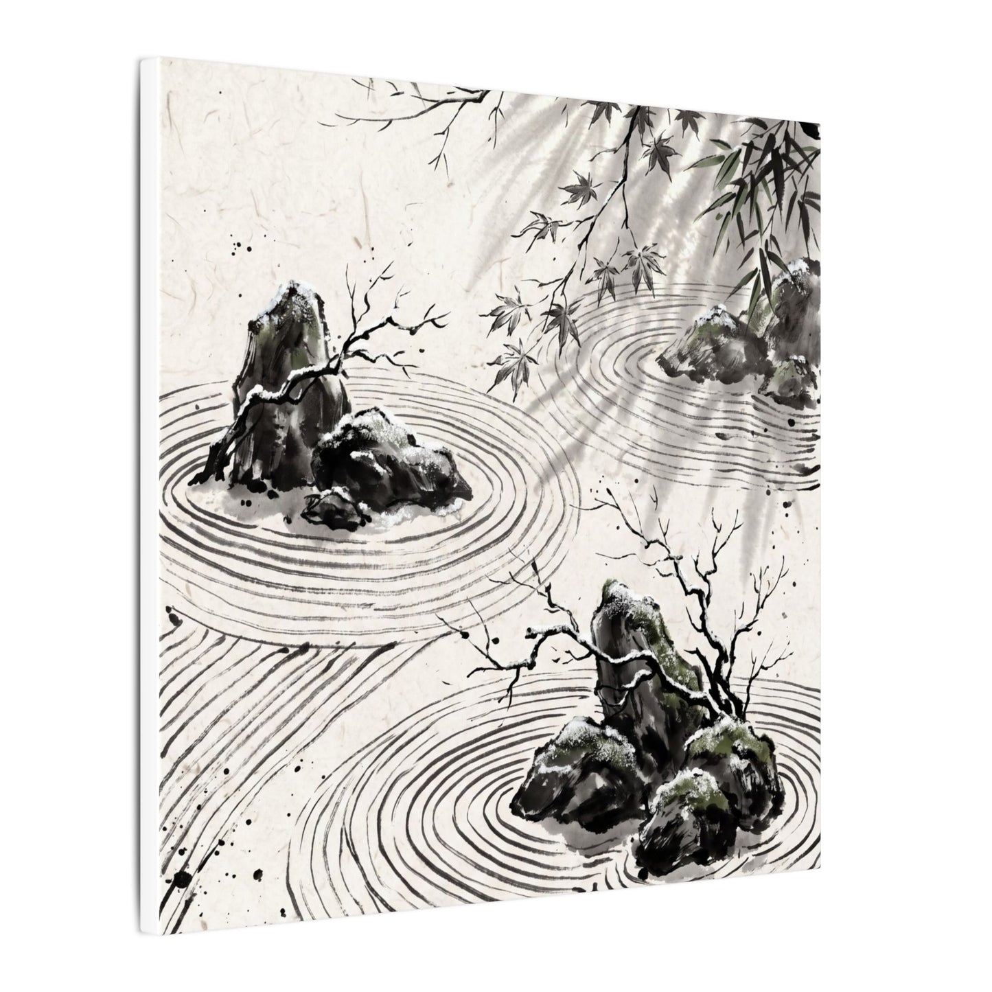 Rock Garden Canvas Art | Winter Zen Sumi E Art