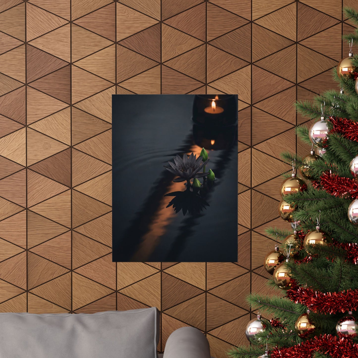 Candlelight Lotus Flower Wall Art Print - Dark Japandi Seijaku