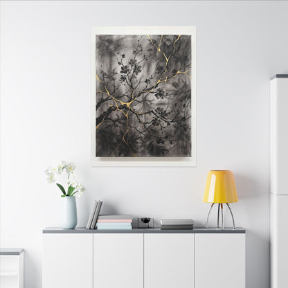 Kanso Cherry Blossom Canvas Art - Kintsugi Crackle Gold
