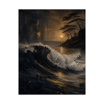 Dark Japandi Ocean Wave in Golden Hour | Dark Texture Wall Art Print