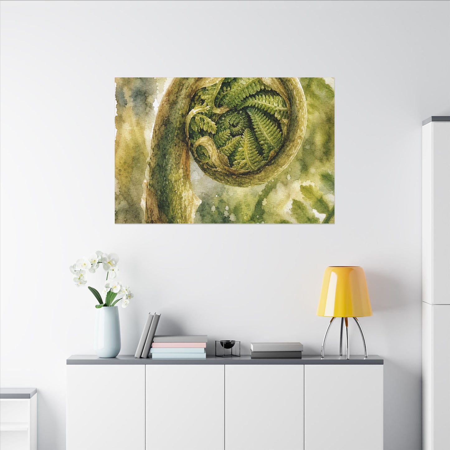 Japandi Fern Unfurling in Dappled | Watercolor Canvas Art