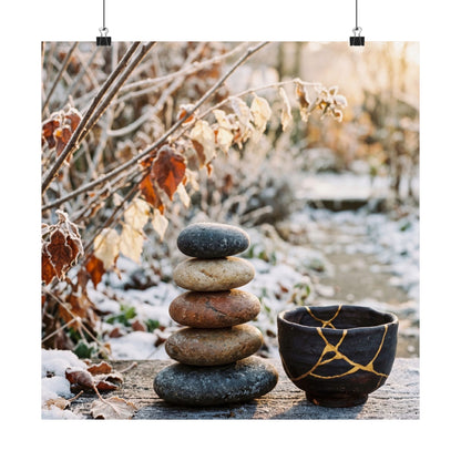 Winter River Stones Gold Repair Wall Art Print | Healing Decor