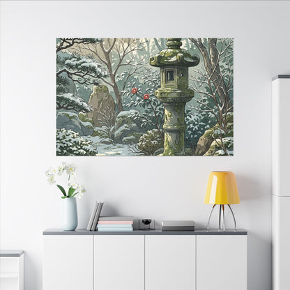 Stone Lantern Winter Canvas Art | Japandi Warm Design