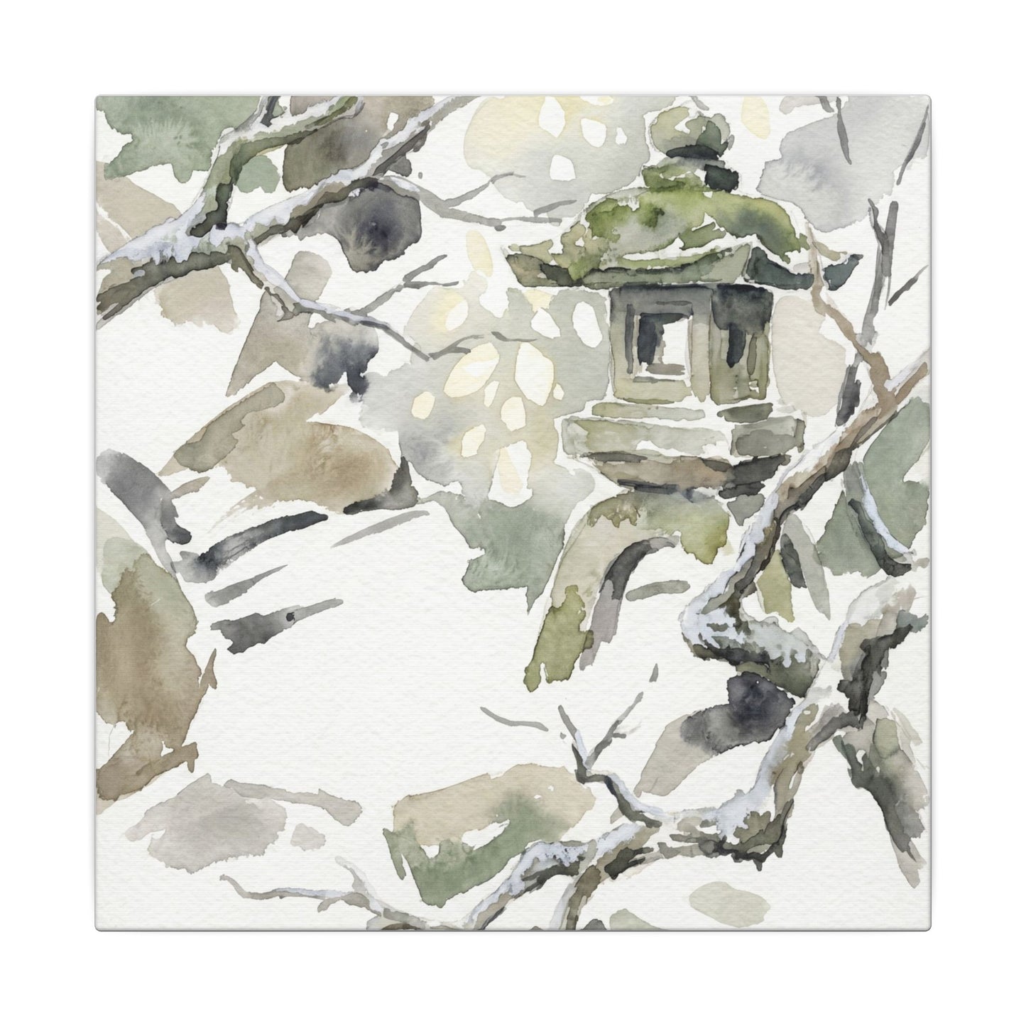 Elegant Stone Lantern Canvas Art - Watercolor Japandi