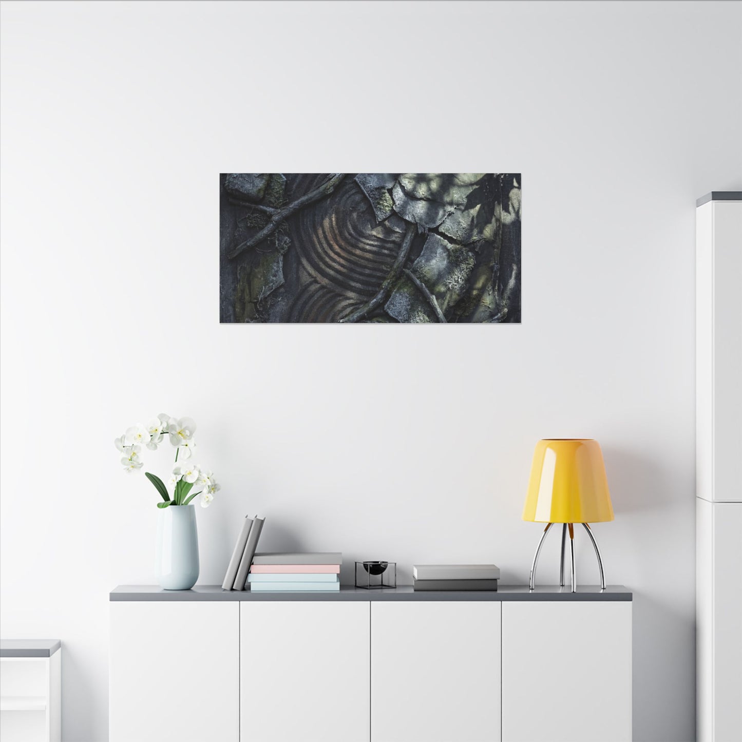 Rock Garden Canvas Art | Winter Dark Japandi Dark Texture Art
