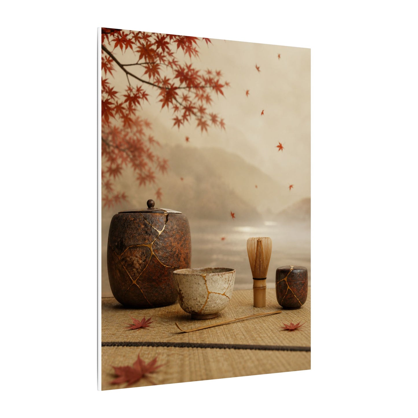 Tea Ceremony Canvas Art | Autumn Kintsugi Gold Vein Art