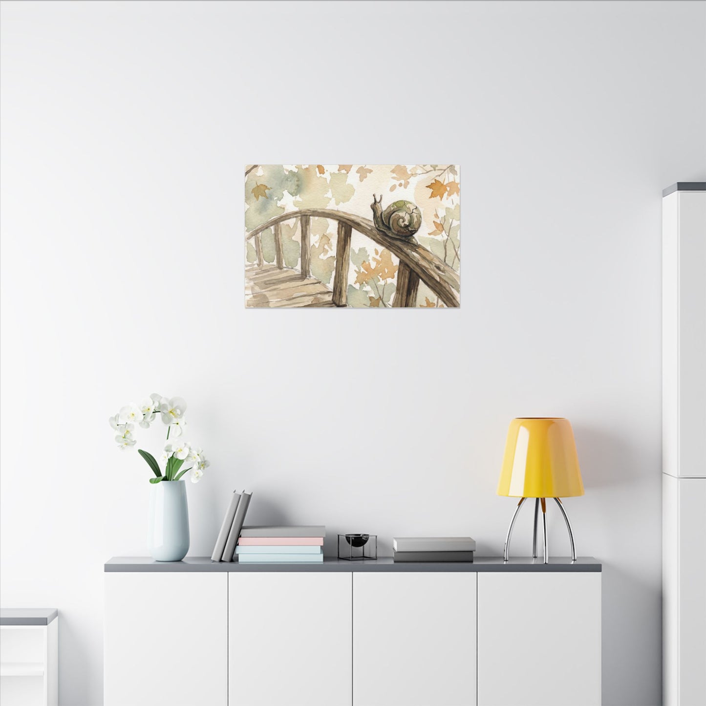 Wooden Bridge Canvas Art | Autumn Japandi Watercolor Art