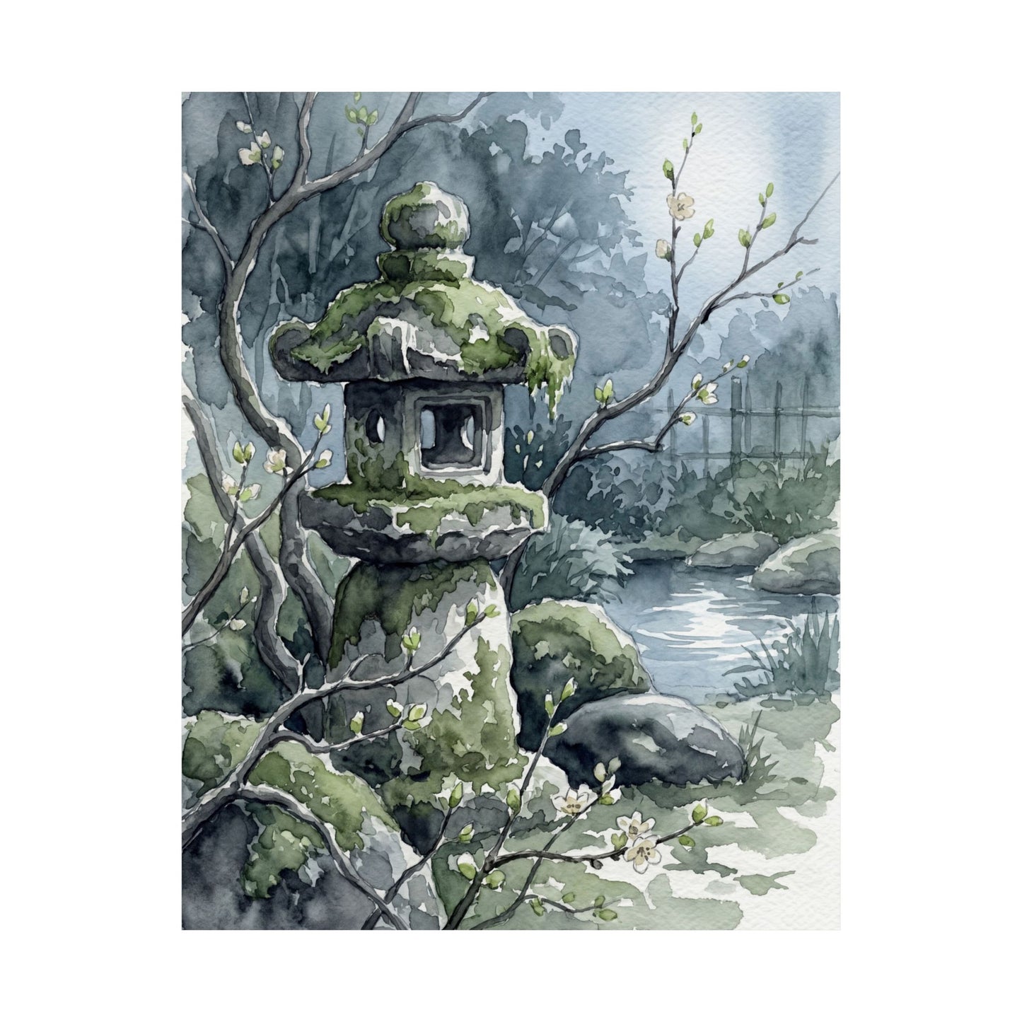 Japandi Stone Lantern in Moonlight | Watercolor Wall Art Print