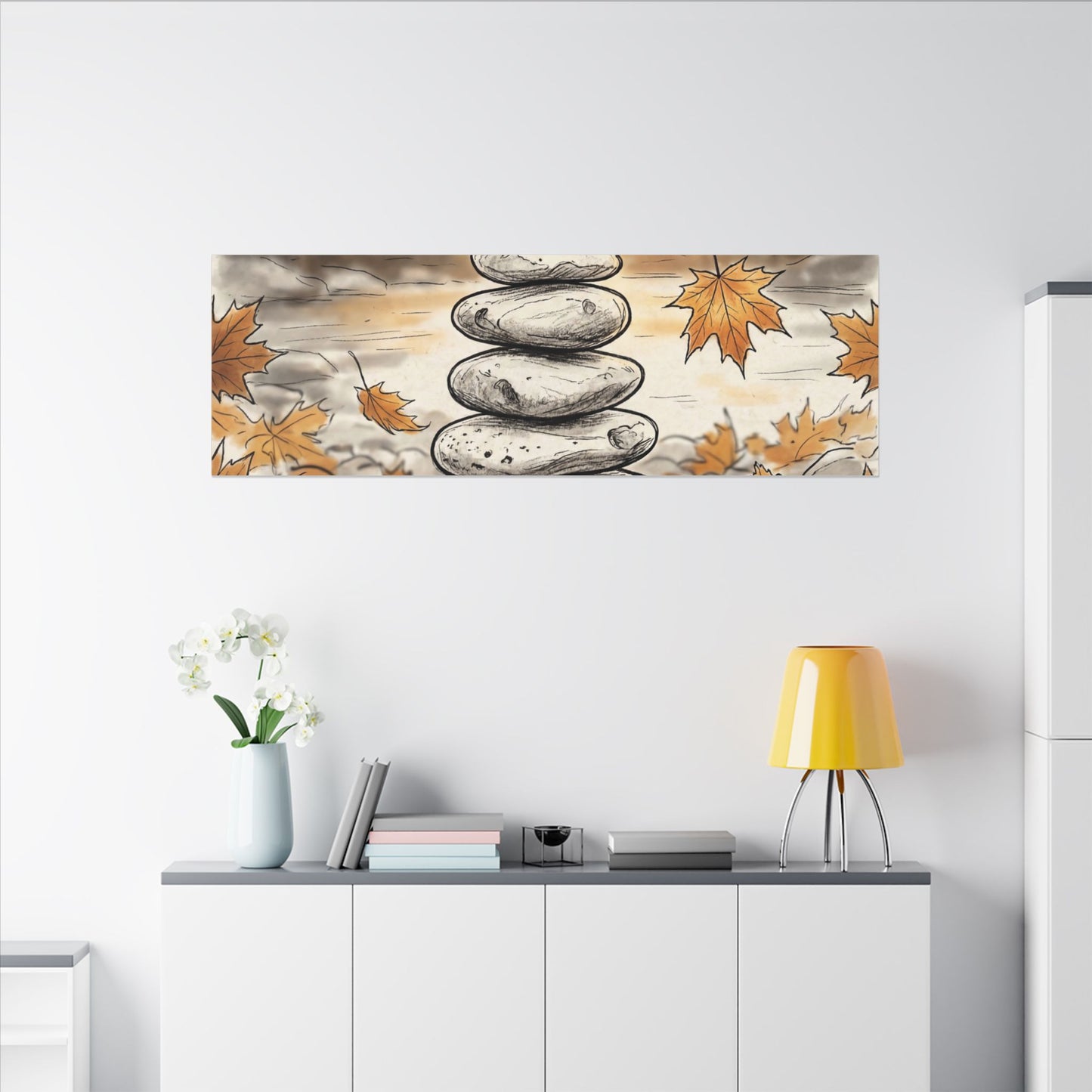 Earthy River Stones Canvas Art - Minimal Line Japandi