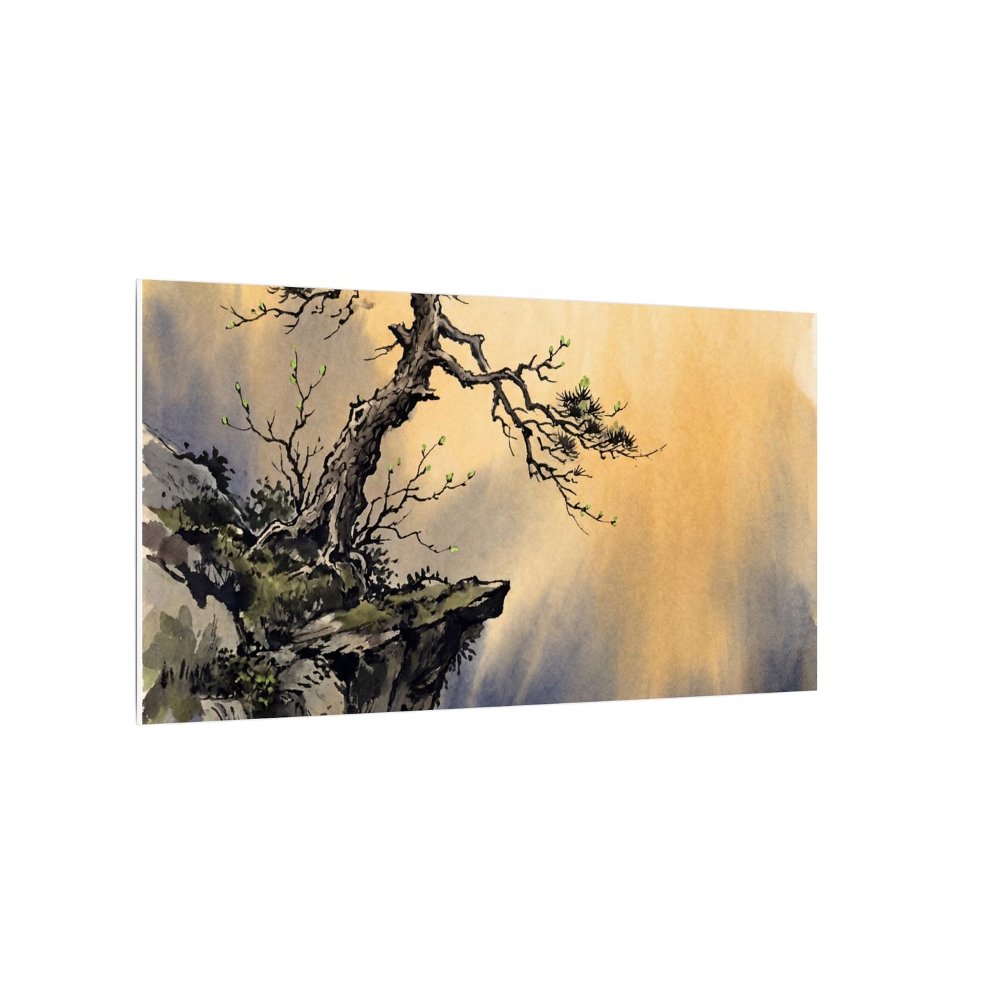 Zen Pine Tree in Golden Hour | Sumi E Canvas Art