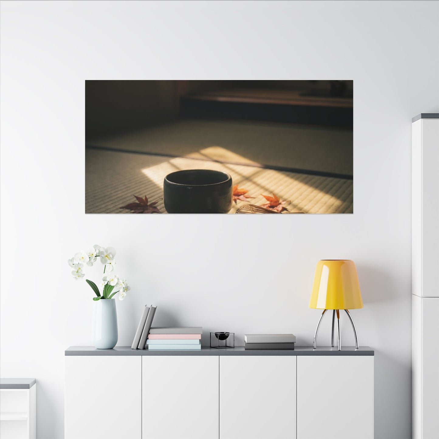 Dark Japandi Tea Ceremony in Golden Hour | Moody Minimal Canvas Art