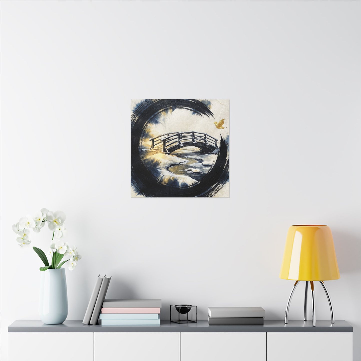 Winter Wooden Bridge Enso Canvas Art | Serene Decor