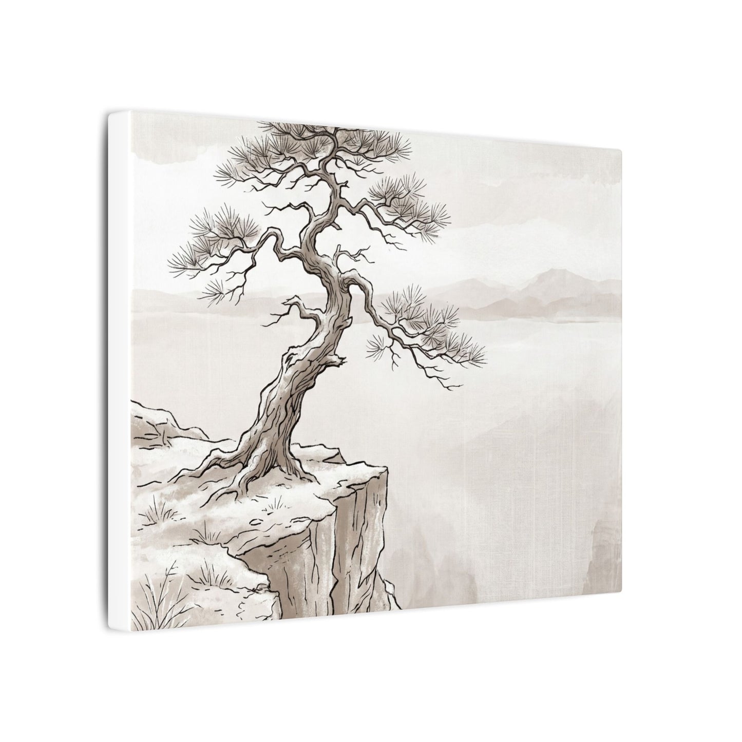 Neutral Pine Tree Canvas Art - Minimal Line Japandi