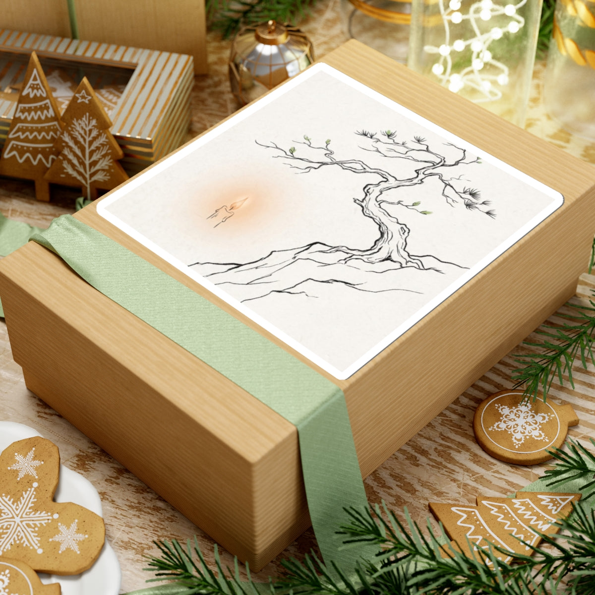 Japandi Pine Tree in Candlelight | Minimal Line Sticker Art Print