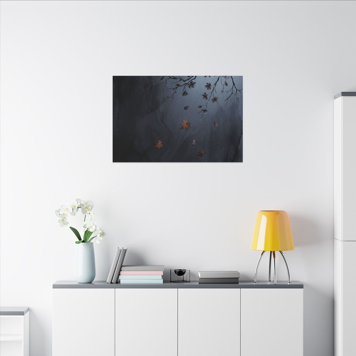 Autumn Cherry Blossom Charcoal Ink Canvas Art | Atmospheric Decor