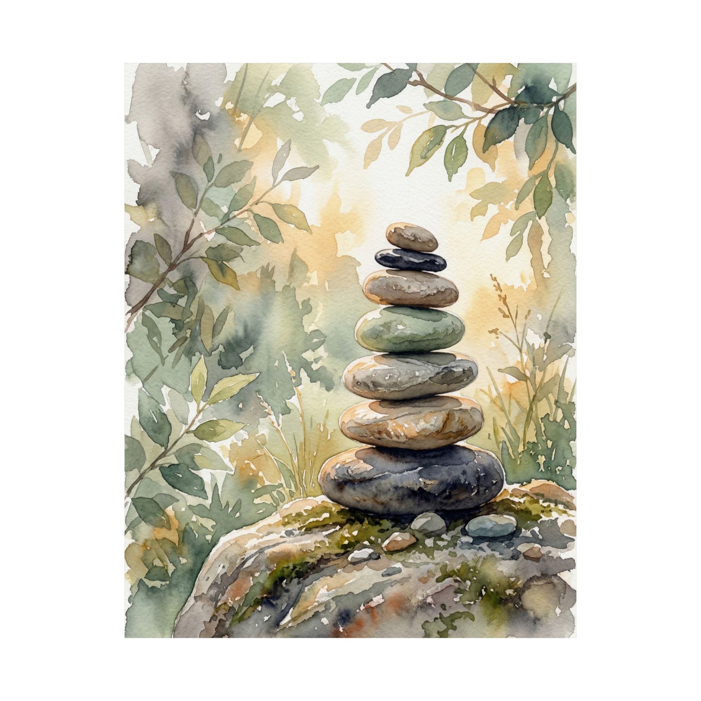 River Stones Wall Art Print | Summer Japandi Watercolor Art
