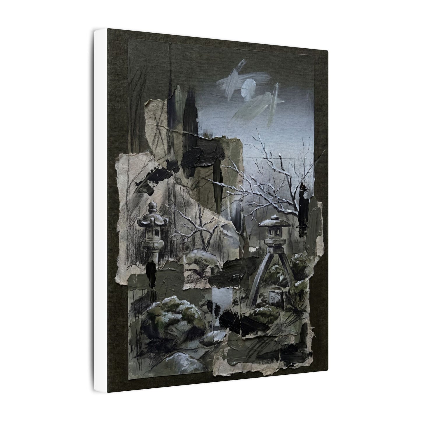 Winter Moonlit Garden Dark Texture Canvas Art | Moody Decor