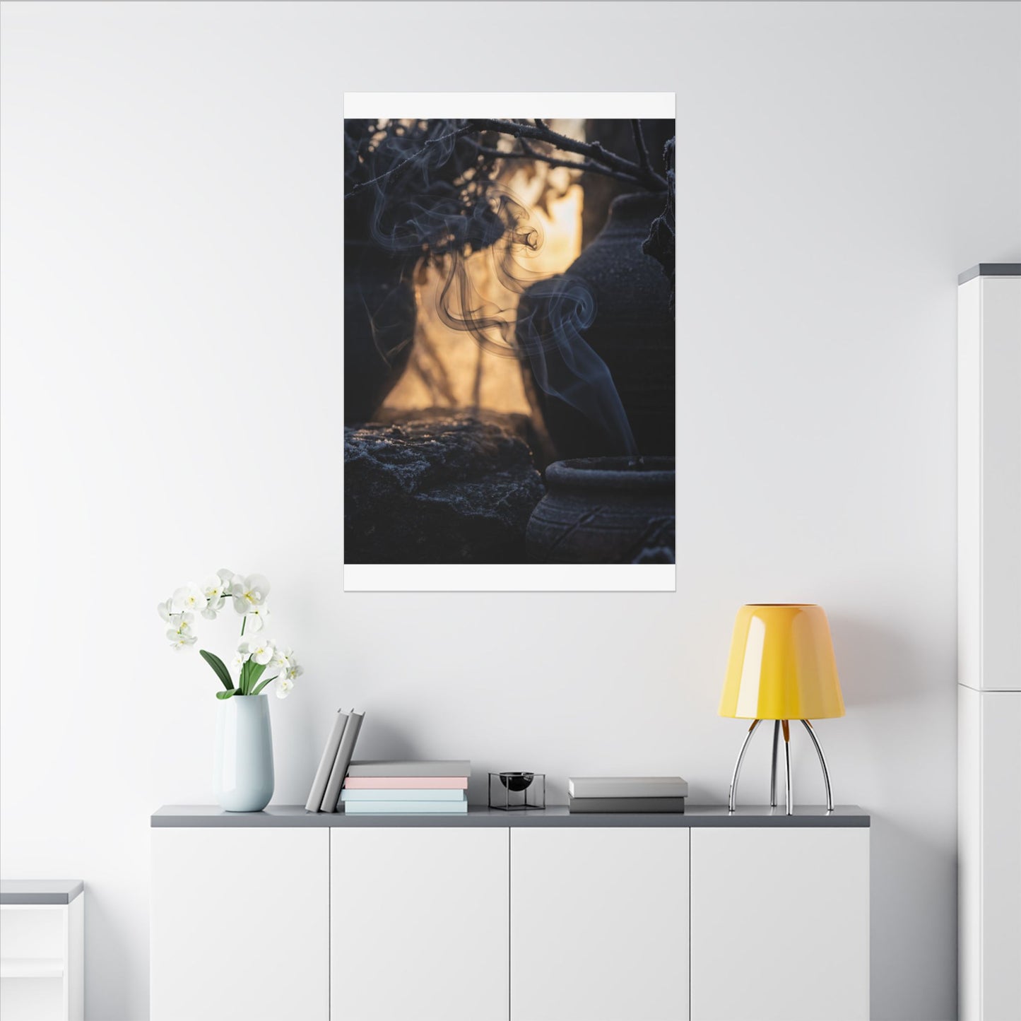 Incense Smoke Canvas Art | Winter Dark Japandi Shadow Zen Art