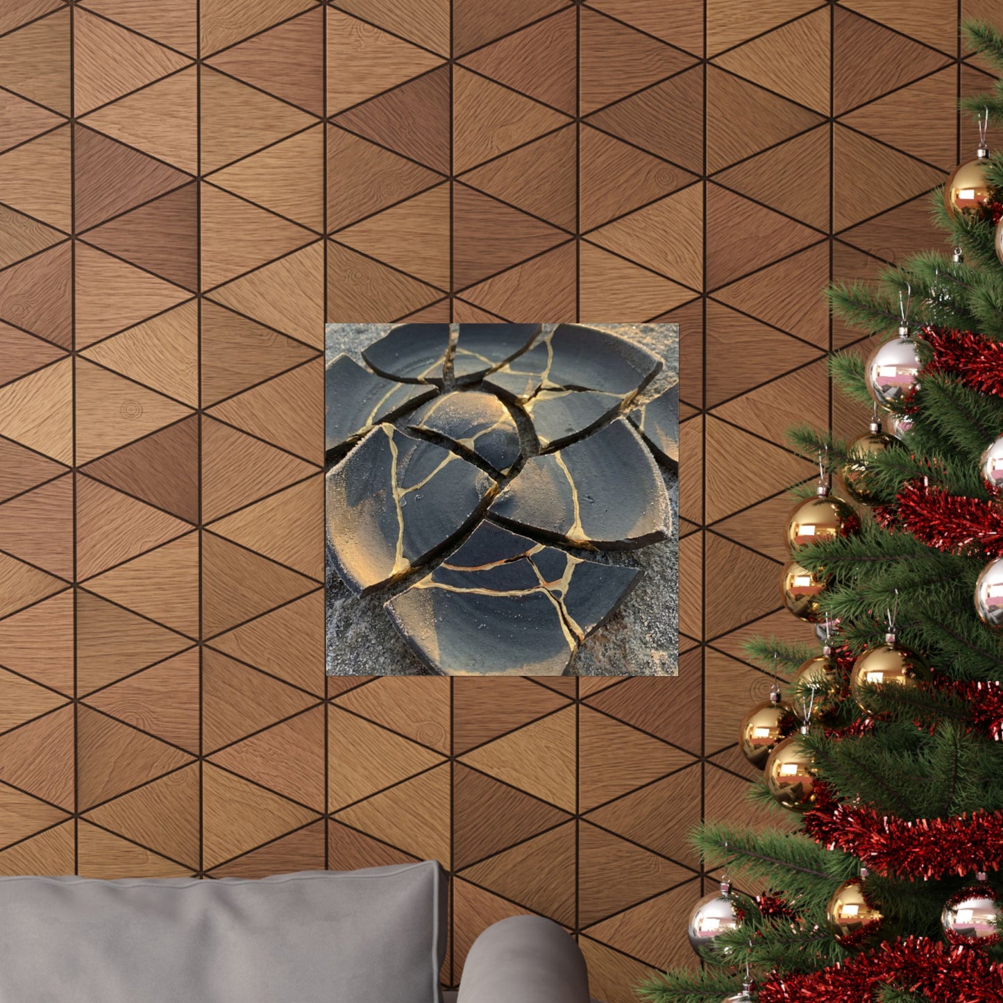 Broken Pottery Wall Art Print | Winter Kintsugi Gold Vein Art