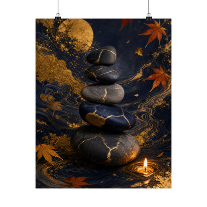 River Stones Wall Art Print | Autumn Kintsugi Gold Vein Art