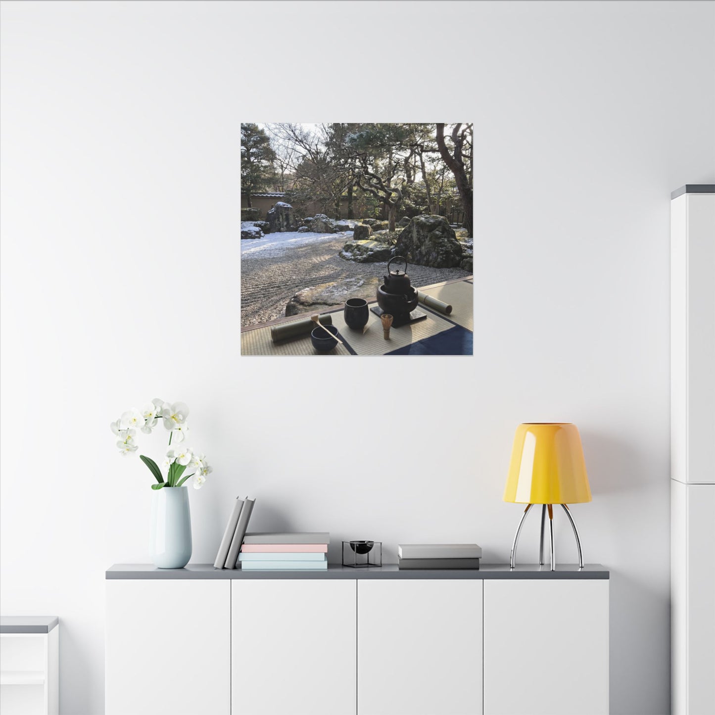 Winter Tea Ceremony Karesansui Canvas Art | Serene Decor