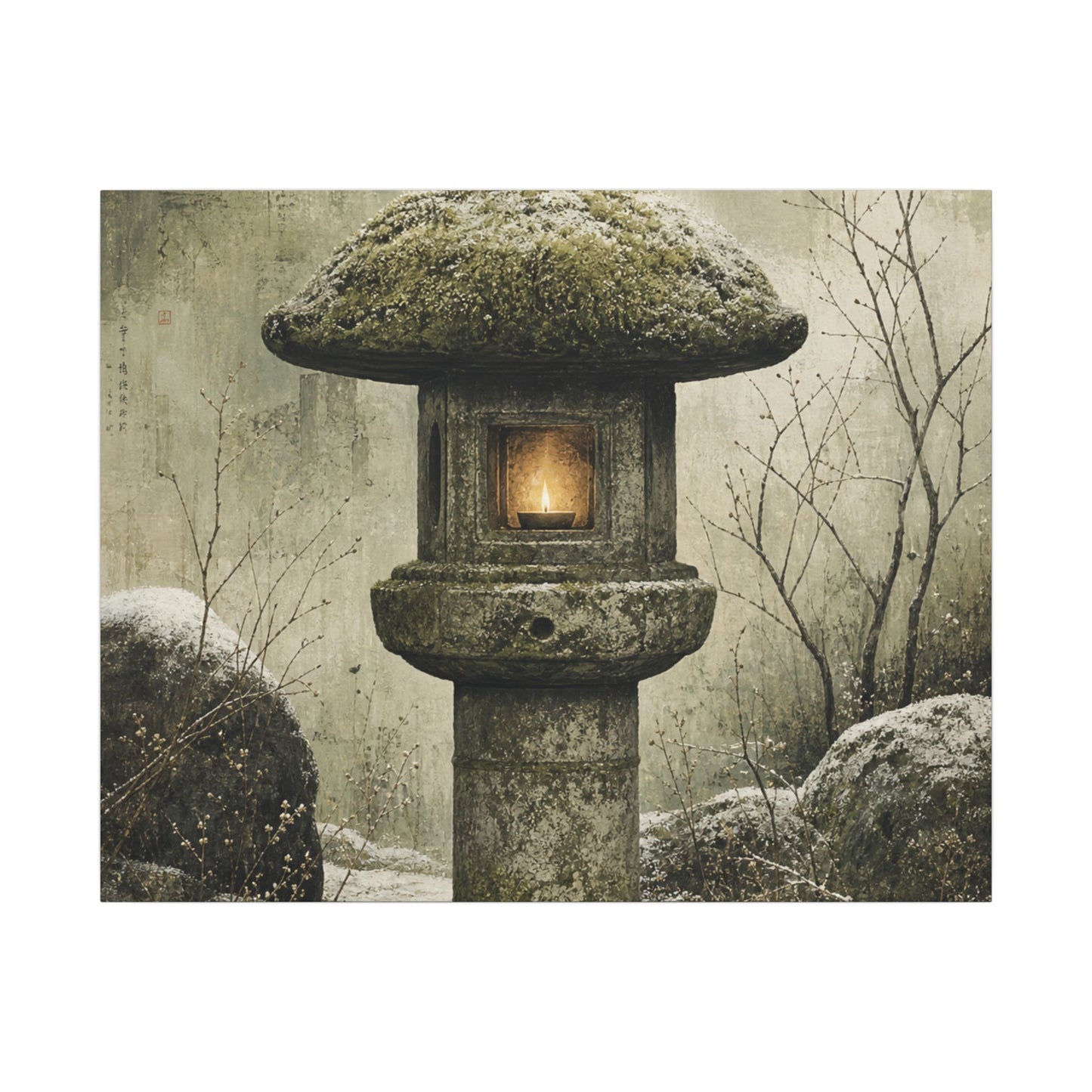 Stone Lantern Winter Canvas Art | Japandi Neutral Design