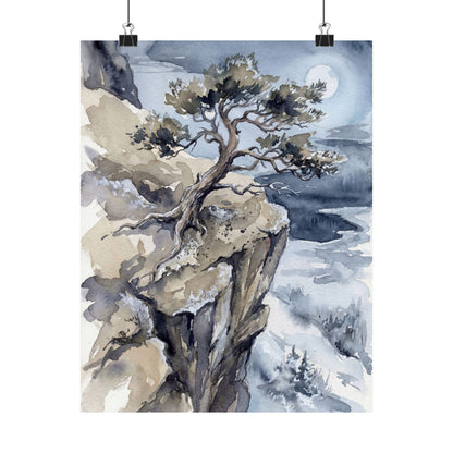 Japandi Pine Tree in Moonlight | Watercolor Wall Art Print Art Print