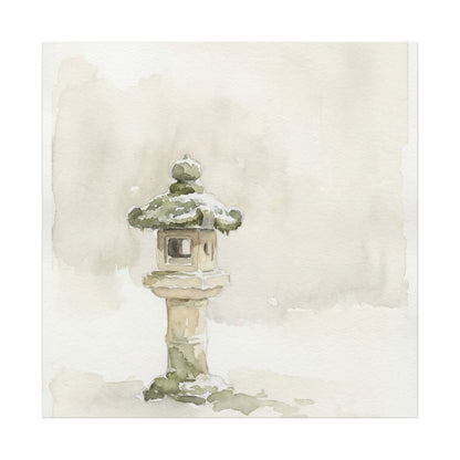 Stone Lantern Winter Canvas Art | Japandi Earthy Design