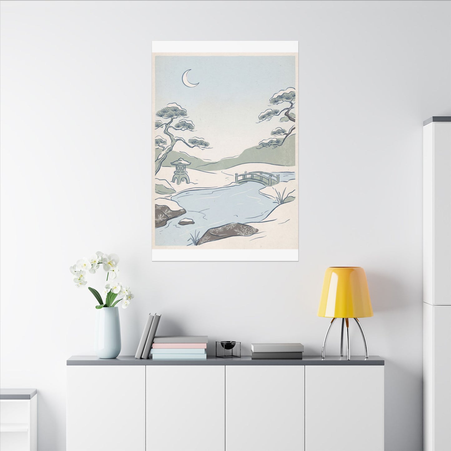 Japandi Moonlit Garden in Moonlight | Minimal Line Canvas Art