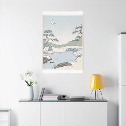 Japandi Moonlit Garden in Moonlight | Minimal Line Canvas Art