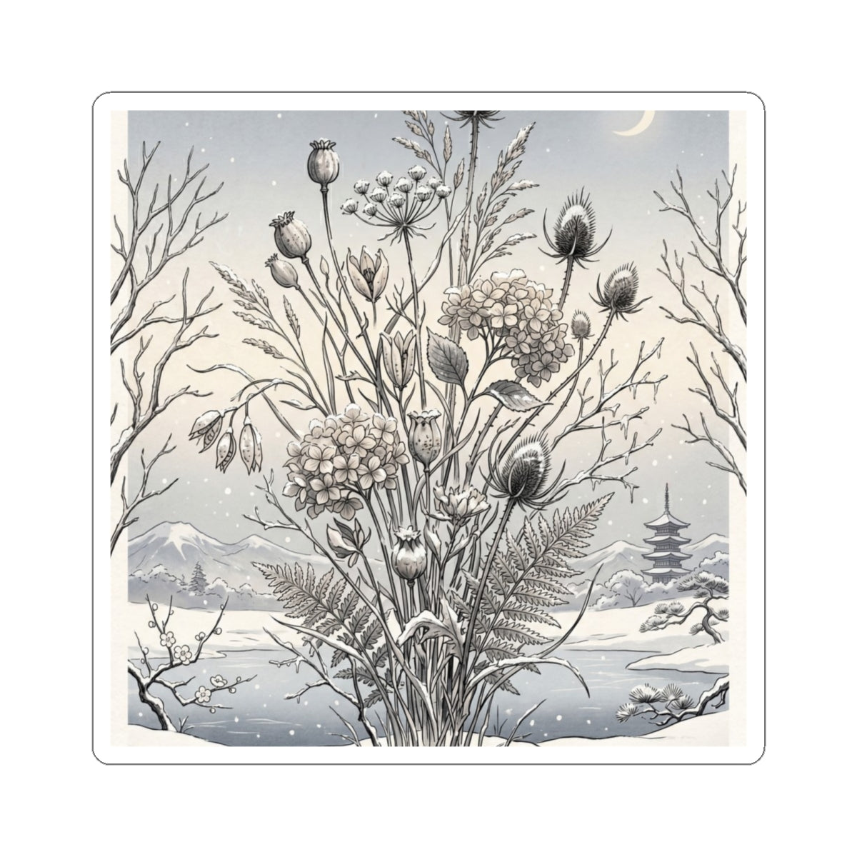 Seijaku Dried Flowers Sticker - Zen Ukiyo E Inspired