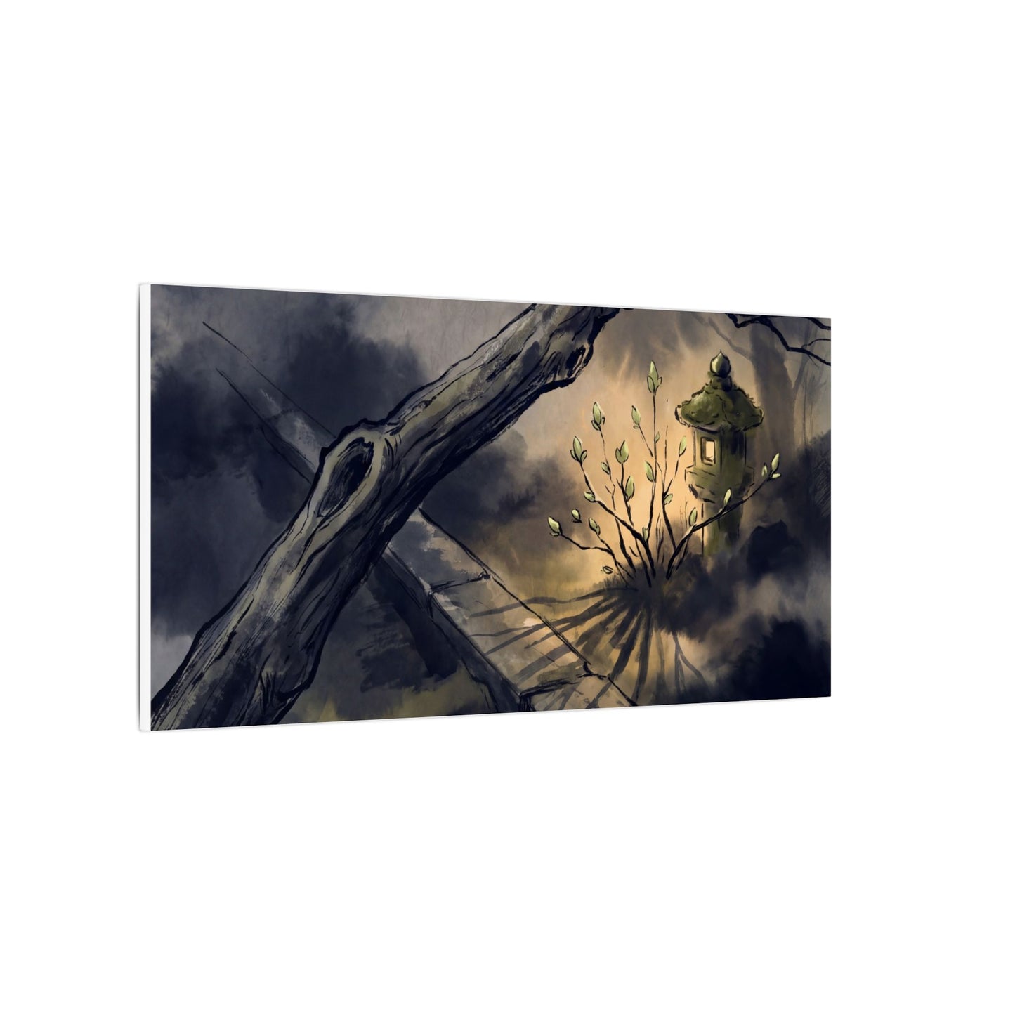 Dark Japandi Moonlit Garden in Golden Hour | Charcoal Ink Canvas Art