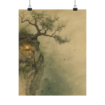 Japandi Pine Tree in Candlelight | Minimal Line Wall Art Print