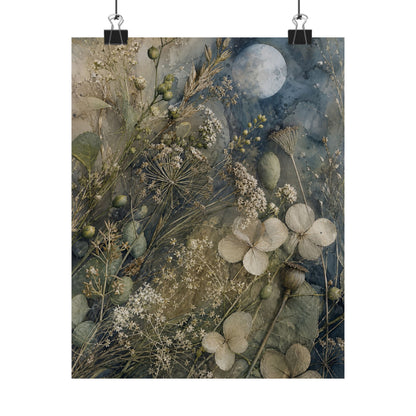 Japandi Dried Flowers in Moonlight | Watercolor Wall Art Print