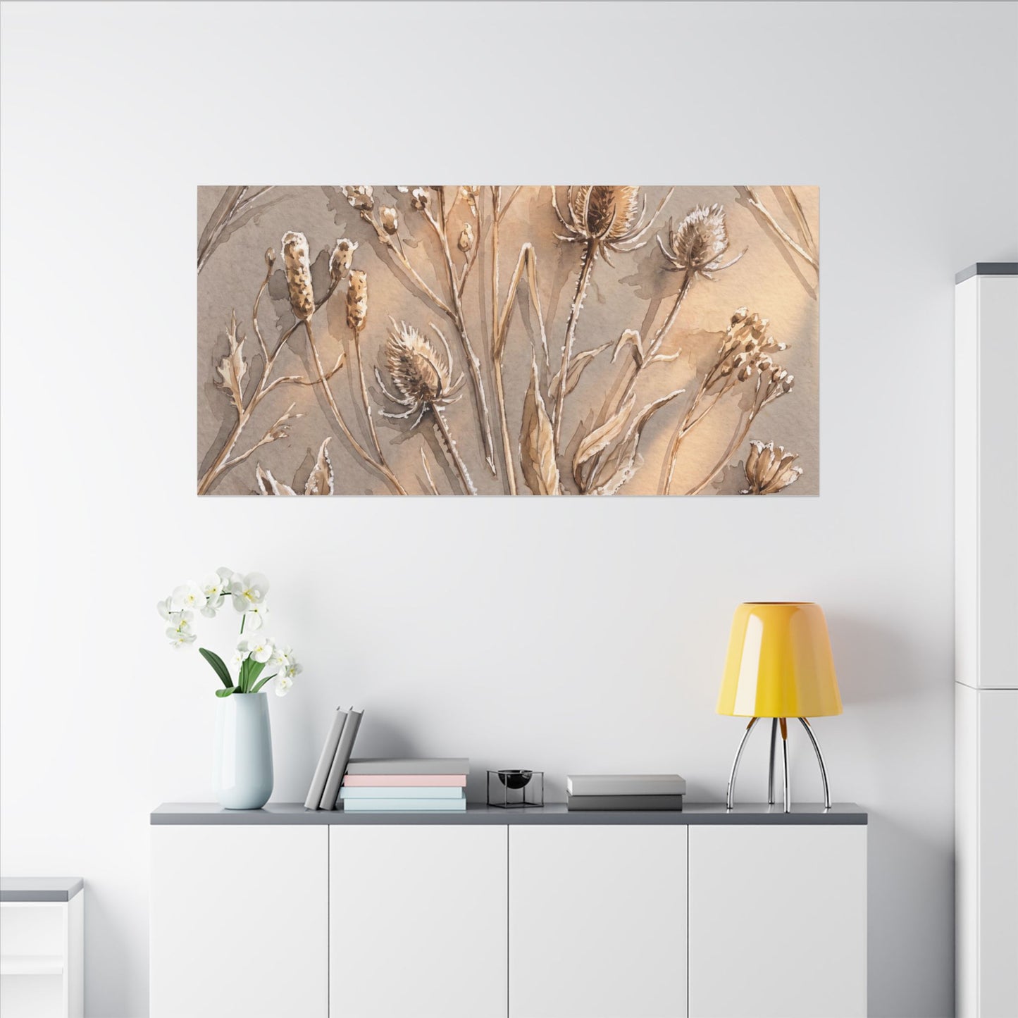Japandi Dried Flowers in Golden Hour | Watercolor Canvas Art