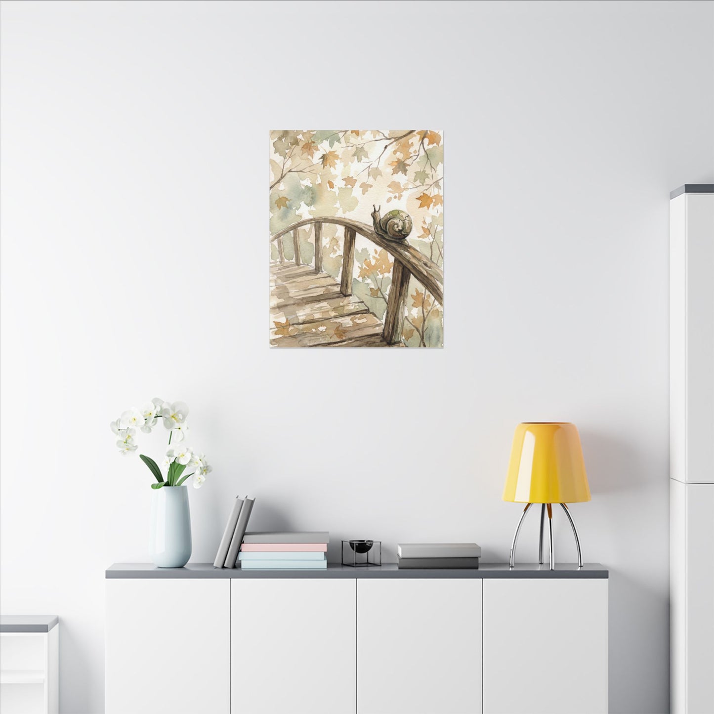Wooden Bridge Canvas Art | Autumn Japandi Watercolor Art